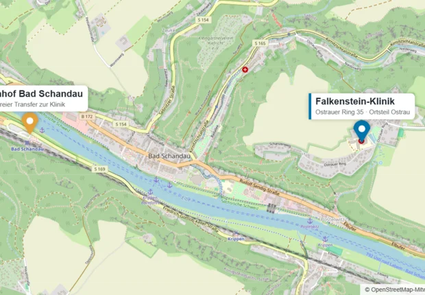 Karte: Lage der Falkenstein-Klinik im Bad Schandauer Ortsteil Ostrau und des Bahnhofs Bad Schandau