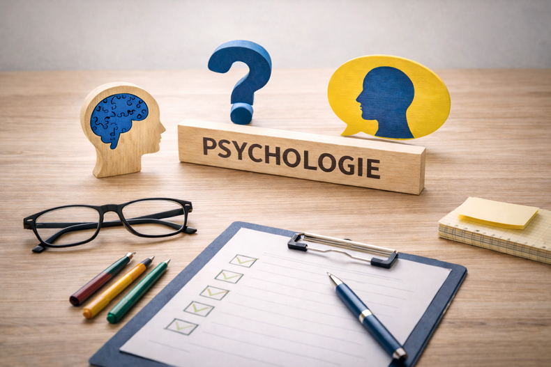 KI-generiertes Symbolbild zur Psychologie mit verschiedenen Symbolen für Gedanken, Gefühle und persönliche Entwicklung