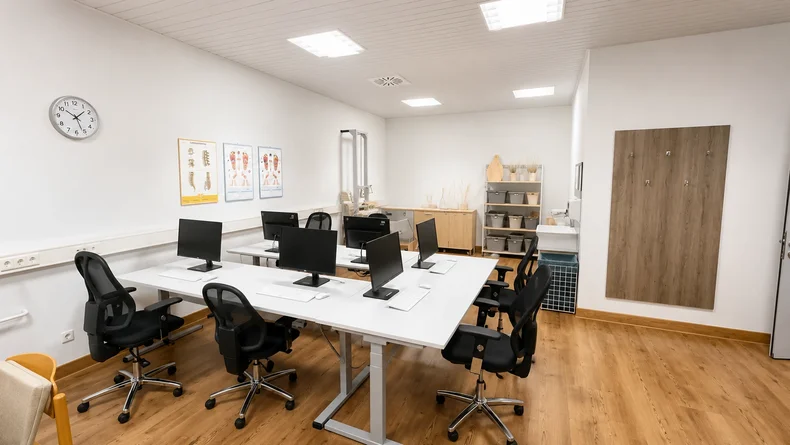 Ergotherapie der Falkenstein-Klinik mit ergonomischen PC-Arbeitsplätzen und einem Bereich zum Korbflechten